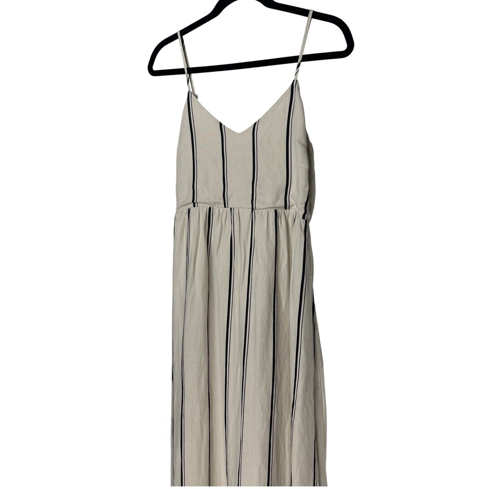 Evereve Linen Blend Striped V-Neck Dress Ivory Black‎ Stripe Smocked Back Small
